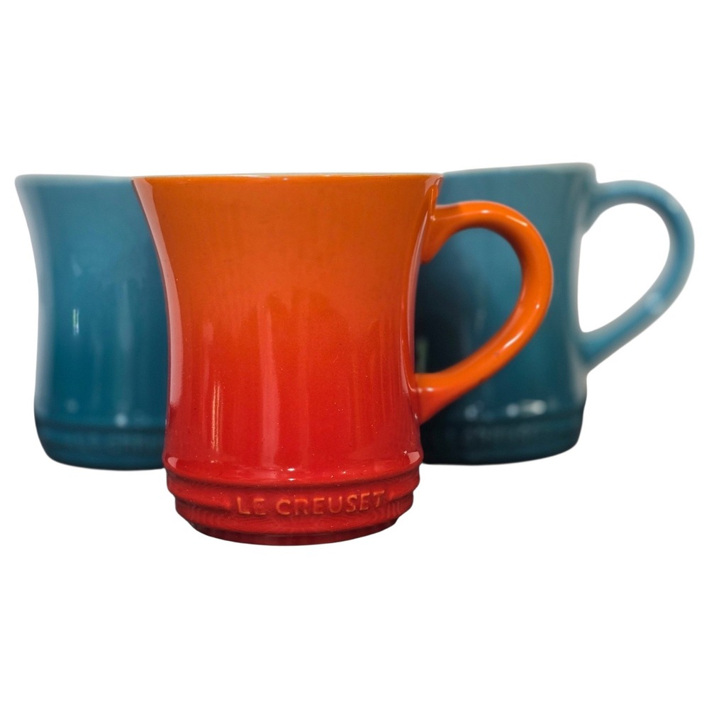 Le Creuset Stoneware Mugs Set of 3 Flame Orange & Caribbean Blue 12oz 4in